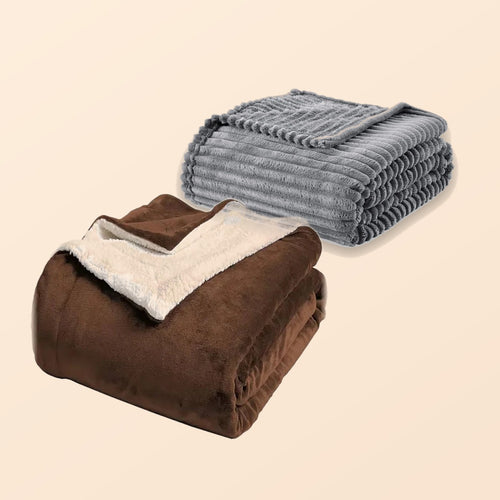 Bed Set Bundle: SHERPA Wool Fleece Blanket and Chunky Thick Blanket