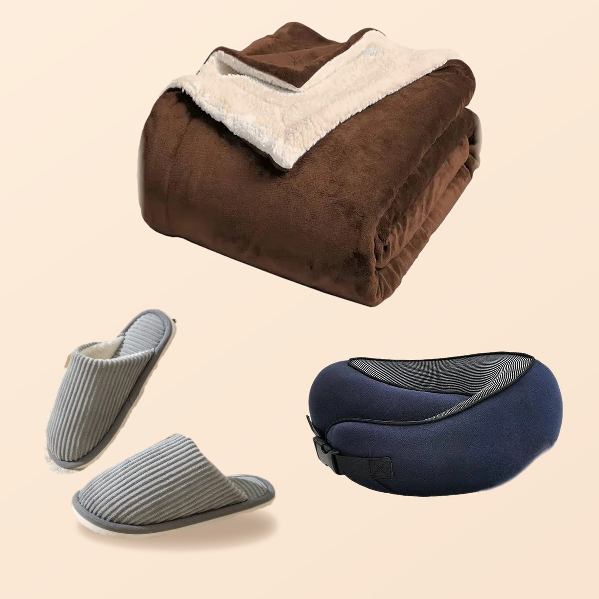 The Sleep Kit: SHERPA blanket, Ribbed House Slippers and MemoryPlush Neck Pillow